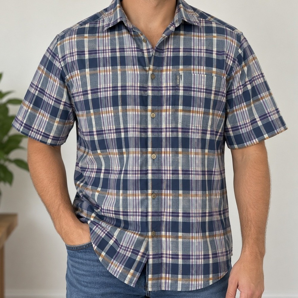 Woolrich Marine Blue Plaid Short Sleeve Button Down Shirt Men's Large